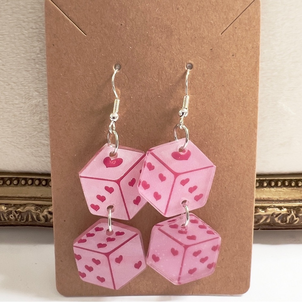 Pink Heart Dice Dangle Earrings